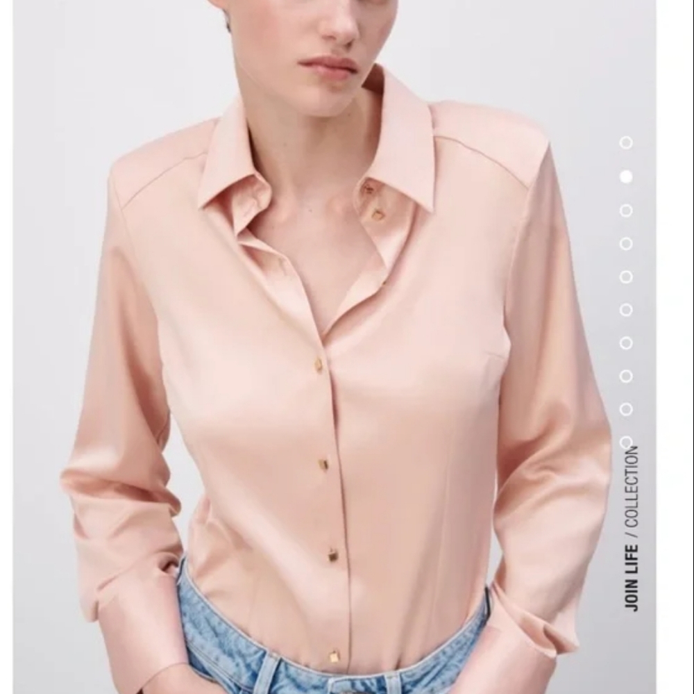 Zara Light Blush Pink Satin Button-Front Bodysuit